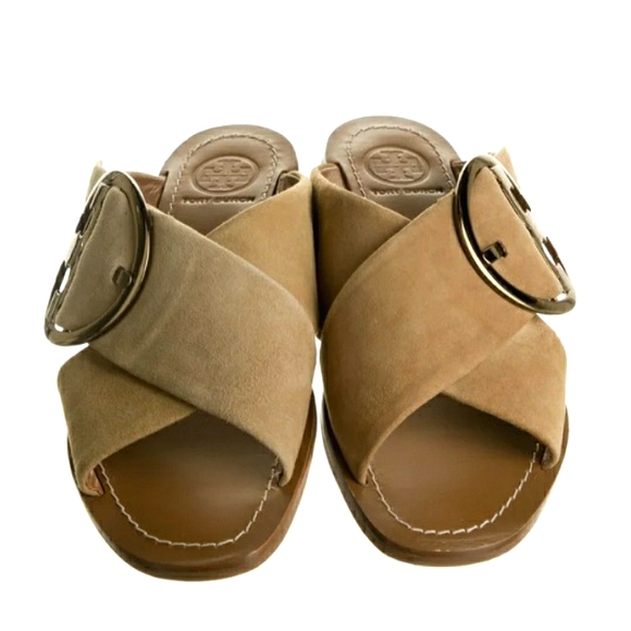🌱 Tory Burch Grant Suede Sandal Buckle Slide in Neutral Sz 6 - Picture 2 of 10